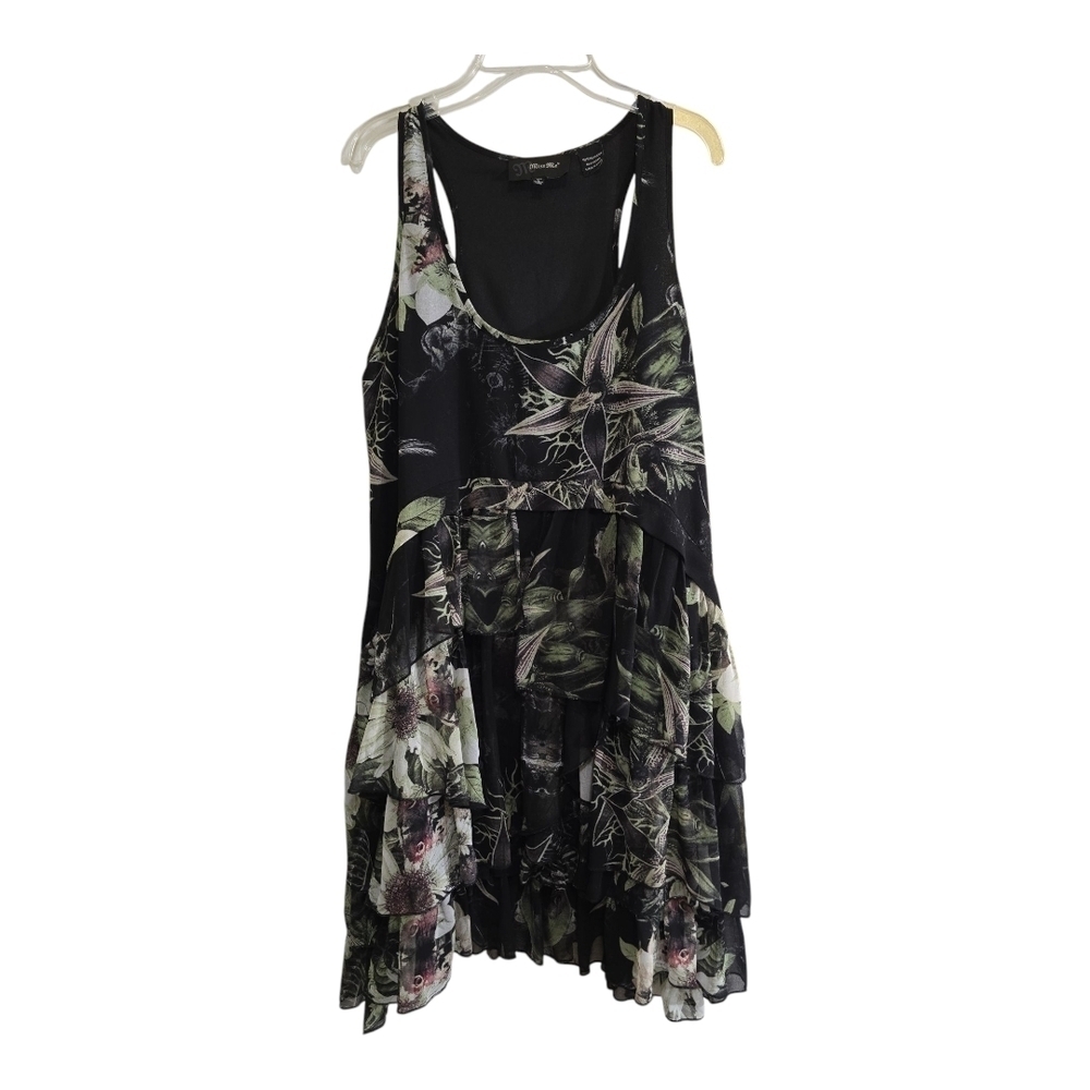 Miss Me Babydoll Chiffon Tiered Racerback Mini Dress Large Black Floral 90s Y2K